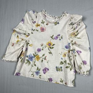 Laura Ashley Blouse Womens S Floral Linen Top Puff Sleeve Cottagecore Romantic